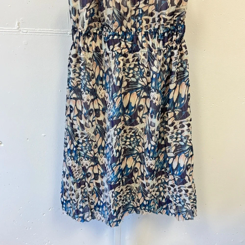 Anne Klein Butterfly Print Halter Midi Dress Blue Size 4 Ruffle‎ Neck Tie Back